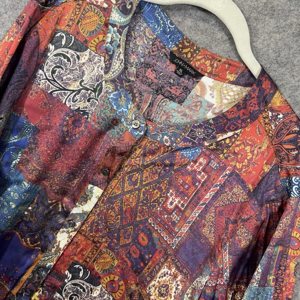 John Mark Satin Blouse Women Sz XL Multicolor Patchwork Paisley Floral Boho